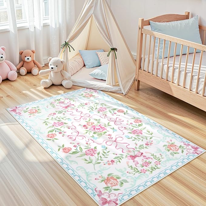 Collive 3x5 Nursery Rug, Boho Pink and Blue Floral Area Rugs Machine Washable, Soft Ultra-Thin Bow Carpet Non Slip for Girls Room Bedroom Entryway Playroom Living Room