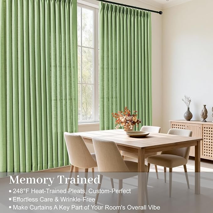 Sage Green Pinch Pleated Curtains 96 Inches Long for Living Room, Semi Sheer Privacy Linen Curtain Memory Trained Modern Back Tab Drapes with Rings for Farmhouse Dining Room, 2 Panels, W40xL96