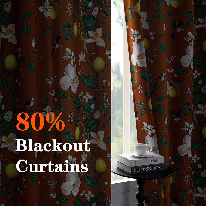 MYSKY HOME Floral Blackout Curtains Panels 84 inches Room Darkening Grommet Vintage Curtains & Drapes with Flower Lemon Hummingbird Patterned for Bedroom Nursery Kids Room, Pack-2, 52", Burnt Orange