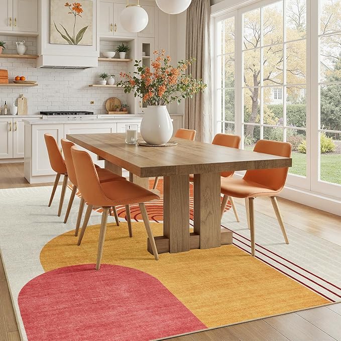 DCX Abstract Machine Washable 10x13 Rug, Mid Century Modern Rug for Living Room, Soft Low Pile Non Slip Carpet, Kid & Pet Friendly Stain Resistant Rug for Bedroom Dining Room Office, Orange & Yellow
