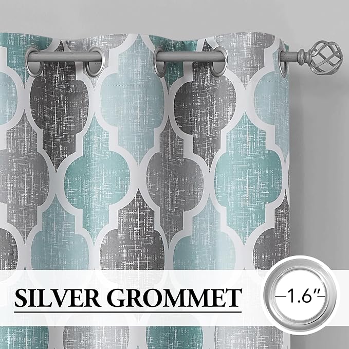 Beauoop Moroccan 100% Blackout Curtains Bedroom Aqua Grey 50x84 2 Panels | Geometric Room Darkening Drapes for Living Room 84 Inch Long Thermal Insulated Soundproof Lattice Window Treatment Grommet