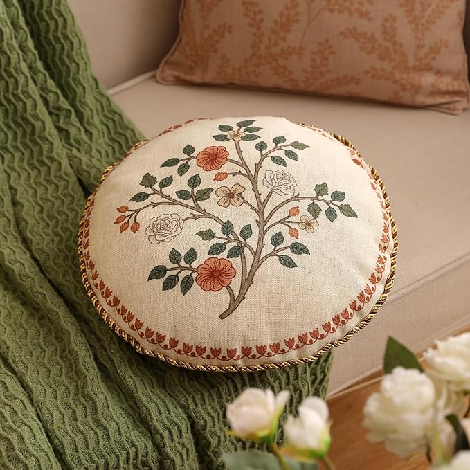 ISAENNE Designer Linen Throw Pillow Cover,Set of 2,Diameter 16"-Flora B | Vintage French Round Decor Pillow Cover,Concealed Zipper Design,Floral Pattern,Sofas,Bedroom,Living Room,Lounge Chairs