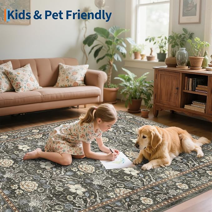 GarveeHome Area Rugs 8x10 for Living Room, Floral Large Washable Rug Soft Non Slip Carpet Indoor Thin Accent Rug for Bedroom Dining Room Playroom Nursery Home Decor