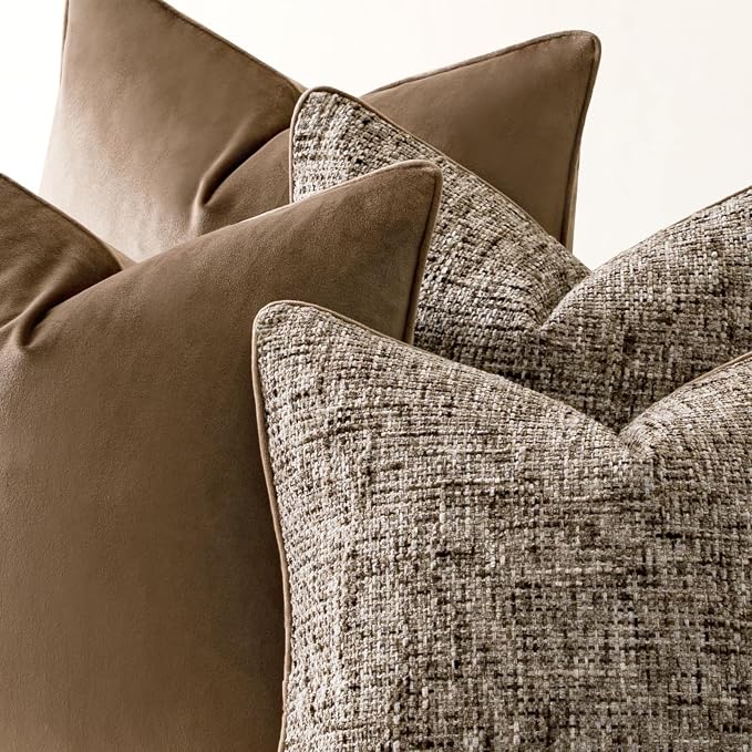 a moment Brown 4 Pack Throw Pillow Covers - Chenille & Velvet Set with Piping, Farmhouse Textured Design Pillow Cases for Couch Sofa Bed Livingroom (18x18 Inch, No Insert)