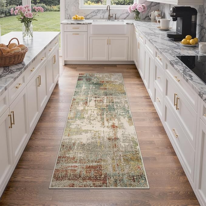 GENIMO Runner Rug Non Slip 2x6, Washable Rug Runner for Hallways Kitchen, Abstract Modern Kitchen Rugs, Low Pile Lightweight Carpet Runners for Entryway, Bedroom, Laundry, Rust Green