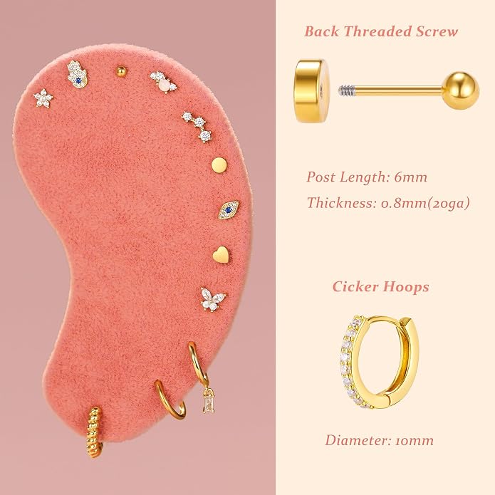 KRFY 25Pcs/17 Pairs Hypoallergenic Surgical Steel Earrings for Sensitive Ears 14K Gold Plated Flat Back Cartilage Earrings for Women Men Screw Back Flatback Stud Hoop Earring Set for Multiple Piercing