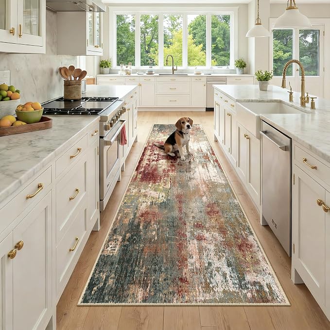 RELEANY Washable Area Rugs 3x9 Non-Slip Modern Abstract Soft for Living Room Entryway Bedroom Kitchen, Print Pattern, Brown Rust Red Green Blue Multi
