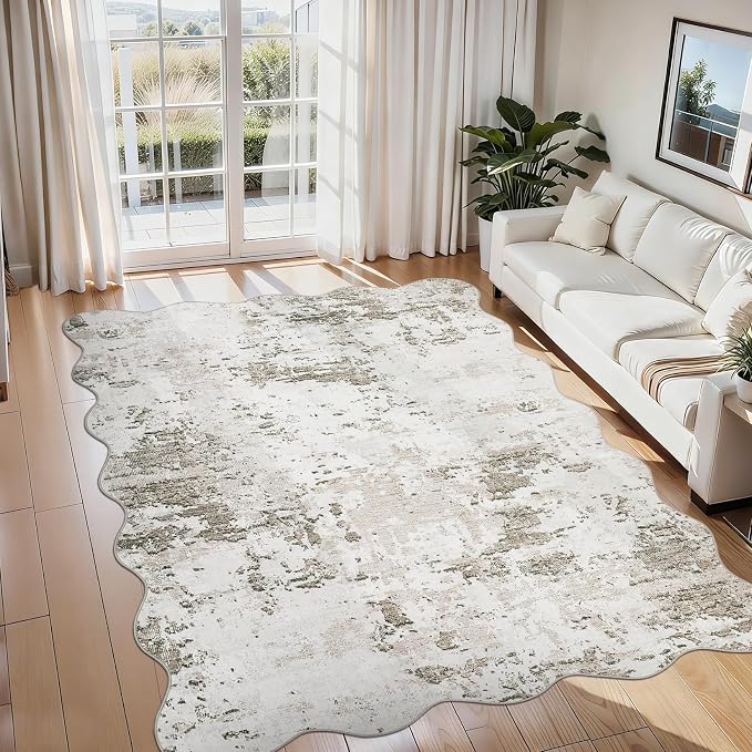 ROYHOME 5x7 Area Rugs Modern Scalloped Abstract Faux Wool Rug Ultra-Soft Low Pile Accent Rug Stain Resistant Washable Rugs Carpet for Bedroom with Non Slip Backing, Taupe