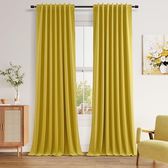 Guken 100% Blackout Curtains 120 Inch Length 2 Panels Set for Living Room Bedroom Back Tab Thermal Insulated Black Out Linen Drapes Room Darkening Celery Yellow,52x120