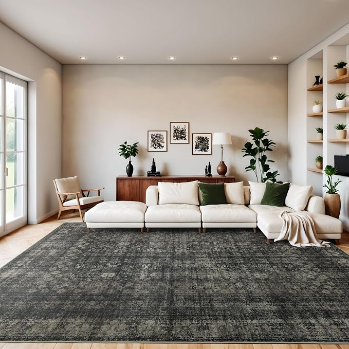 9x12 Vintage Washable Area Rug, Black | Living Room,Low Pile,Non Slip,Non-Shedding Large,Soft Indoor,Stain Resistant,Floral Print,Bedroom Dining Room