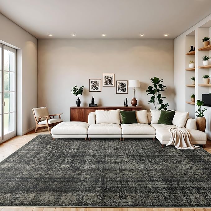 6x9 Vintage Washable Area Rug, Black | Living Room,Low Pile,Non Slip,Non-Shedding,Soft Indoor Stain Resistant,Floral Print, Bedroom Dining Room
