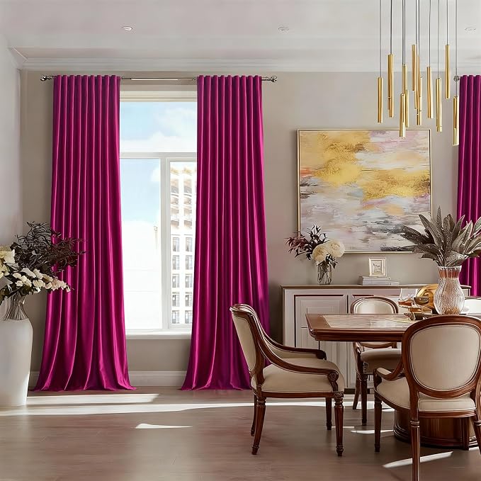 100% Full Blackout Hot Pink Velvet Curtains - 90 inch Long for Living Room & Bedroom, Set of 2 Liner Rod Pocket Back Tab Thermal Window Curtains, Room Darkening Heavy Decorative Drapes