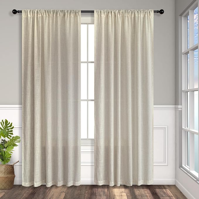 Flax Linen Curtains 84 Inch Length for Bedroom 2 Panels Back Tab Pocket Light Filtering Simple Canvas Cloth Look Semi Sheer Beige Curtains for Living Room Dining Burlap Sand Beach Decor 52x84 Long Tan