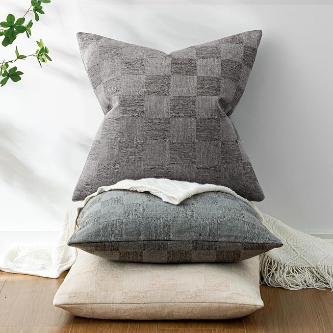 a moment Set of 2 Decorative Linen Throw Pillow Covers,Large Grid Textured Neutral Boho Farmhouse Cushion Covers,Soft Aesthetic Pillowcases for Couch Sofa Living Room Home Decor,24x24 Inch,Dark Gray