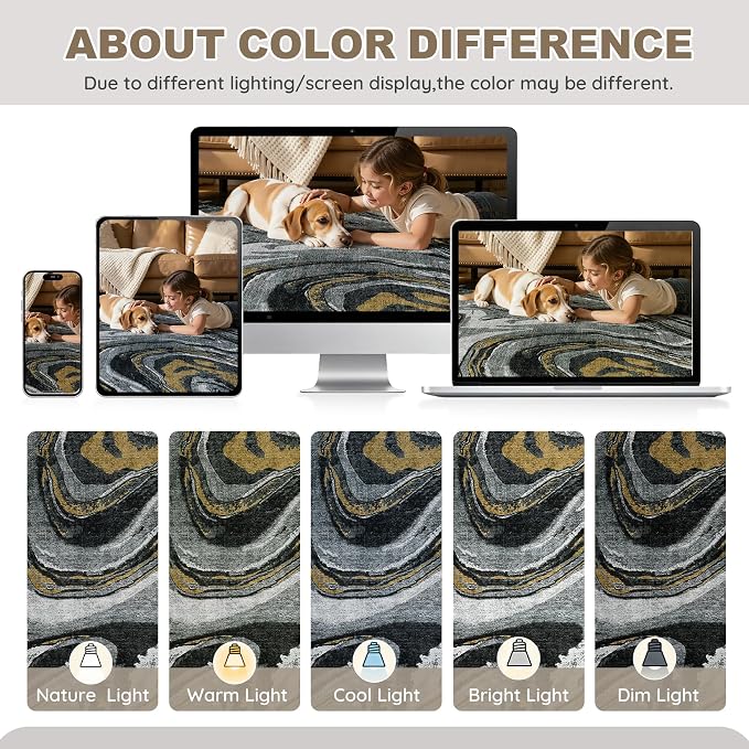 DMOYEST 6x9 Area Rug for Living Room - Washable Neutral Modern Abstract Rugs Soft Non-Slip Carpet Low Pile Indoor Floor Mat for Bedroom & Dining Room Decor for Families with Kids and Pet-Black Golden