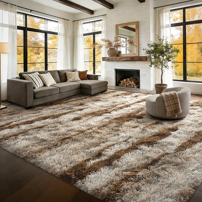 Extra Large 8x10 Area Rugs for Living Room Decor, Non-Slip Shaggy Tie-Dyed Rugs for Bedroom Kids Playroom Dorm Room, High Pile Ultra Soft Carpet, Khaki