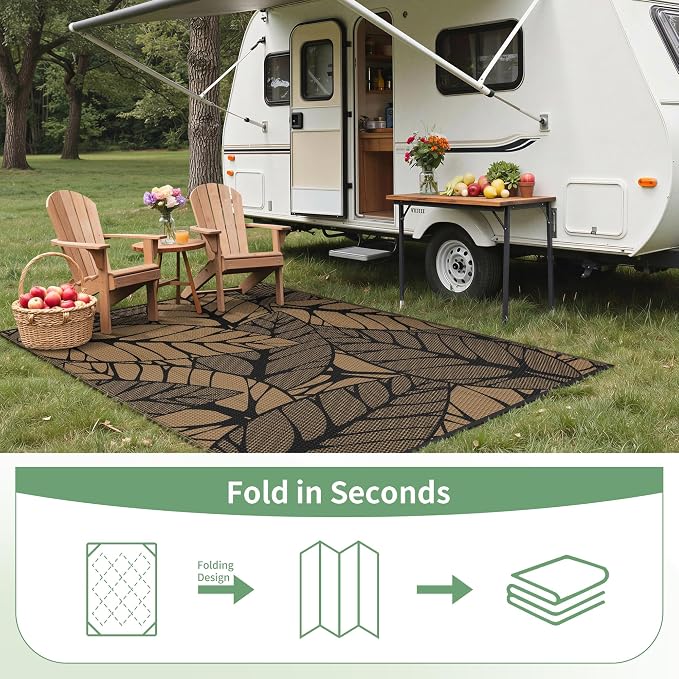 GENIMO Outdoor Rug, Waterproof Plastic Rugs for Patio, 6'x9' Onyx Brown | Outside Larger Leaf Carpet Mat for Porch Decor, Deck, Balcony, Camping, RV, Backyard, Picnic, Beach, Reversible, Foldable