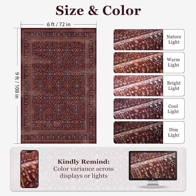 Amber Red Purple Accents Area Rugs for Living Room 6x9, Vintage Dining Room Rugs for Under Table, Washable Non Slip Low Plie Carpet Rug for Bedroom Home Office, Earth Tone Boho Floral Trellis