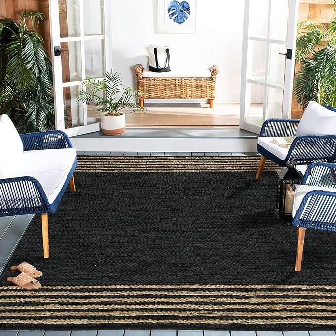 GRUHUM Black Jute Area Rug 8x10ft - Natural Fiber Black Leather Rectangular Handwoven Boho Farmhouse Soft Braided Eco Friendly Vintage Rugs for Indoor Living Room Bedroom Kitchen Hallways 8'x10' Large