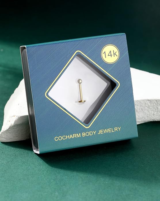 COCHARM 14K Solid Gold Helix Cartilage Tragus Earring Stud 16g Yellow Gold Threadless Tragus Cartilage Helix Conch Piercing Jewelry Flat Back Lip Labret Medusa Monroe Piercing Stud