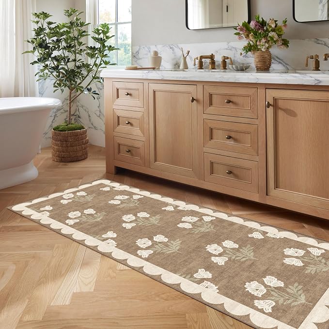 Non Slip Washable Kitchen Runner Rug - 2x8 Long Tan Hallway Runner Rugs Soft Boho Runners for Hallways Vintage Floral Scalloped Runner Rug for Bedroom Entryway Laundry Room Bathroom Foyer