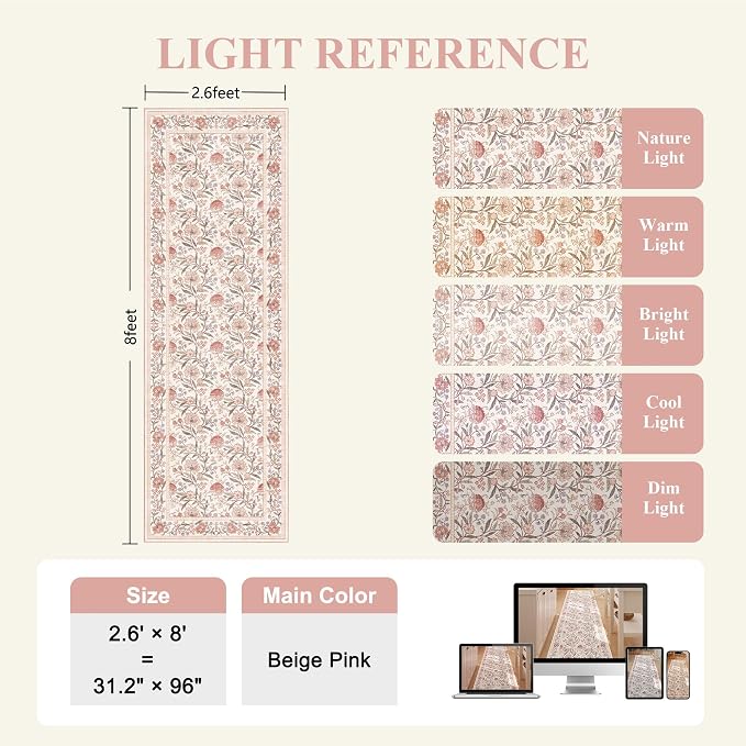 DUKINO 2.6x8 Runner Rug, Washable Vintage Floral Kitchen Runners Beige Pink | Non Slip, Low Pile, Non-Shedding Soft Carpet for Hallway Bathroom Laundry Entryway Bedroom Farmhouse, Kids and Pets Friendly