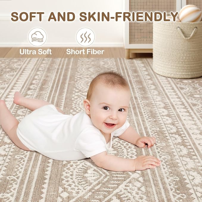 Tortania Area Rug Living Room Rugs - 9x12 Washable Large Soft Neutral Boho Moroccan Bohemian Farmhouse Rug Indoor Floor Carpet for Bedroom Under Dining Table Home Office Decor - Light Brown