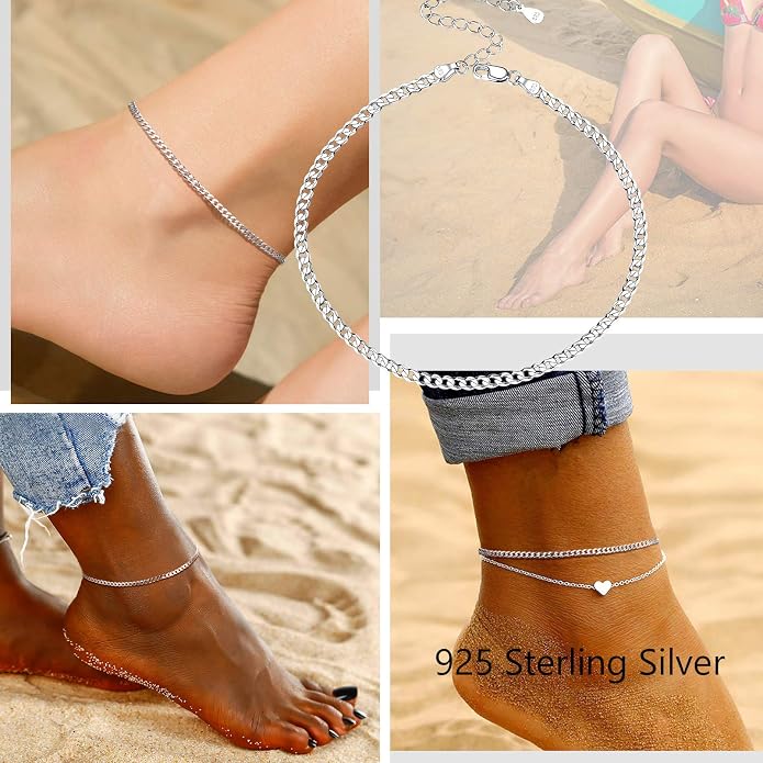PROSILVER 925 Sterling Silver Ankle Bracelets For Women, Stylish Chain Anklets, Summer Beach Jewelry, 8.6-10.6 Inch Adjustable, Come with Box