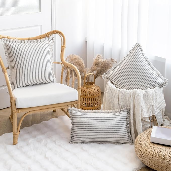 YEENAASY Throw Pillow Covers 24x24 Set of 2 Striped Fringe Pillow Cover Farmhouse Cushion Covers with Tassel Neutral Boho Pillows Decorative Square Pillowcase for Couch Sofa Bed, Grey
