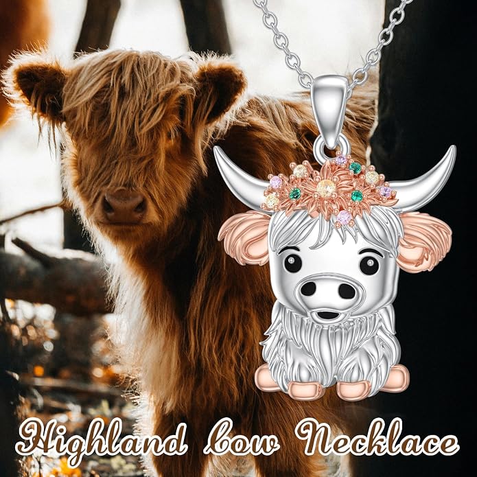 Highland Cow Gifts for Women 925 Sterling Silver Highland Cow Birthstone Necklace Fluffy Cow Jewelry Gifts Birthday Christmas