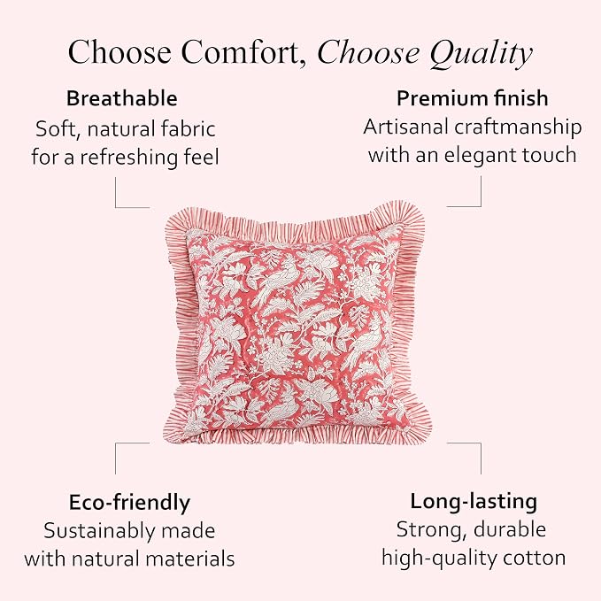 CPC Pink Coral Ruffle Throw Pillow Covers for Couch, 18x18 Inch Cotton Stripe Ruffle Couch Pillows for Living Room, Hidden 14 Inch Zipper Boho Pillow Case or Cute Outdoor Pillows