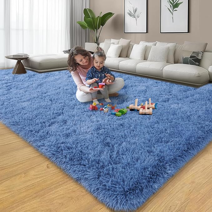 qulint Blue Area Rug for Living Room 9x12, Modern Fluffy Large Rug for Bedroom, Soft Shag Shaggy Alfombras para Salas, Plush Fuzzy Carpet for Boys and Girls Dorm Room Home Decor (9ft x 12ft, Blue)