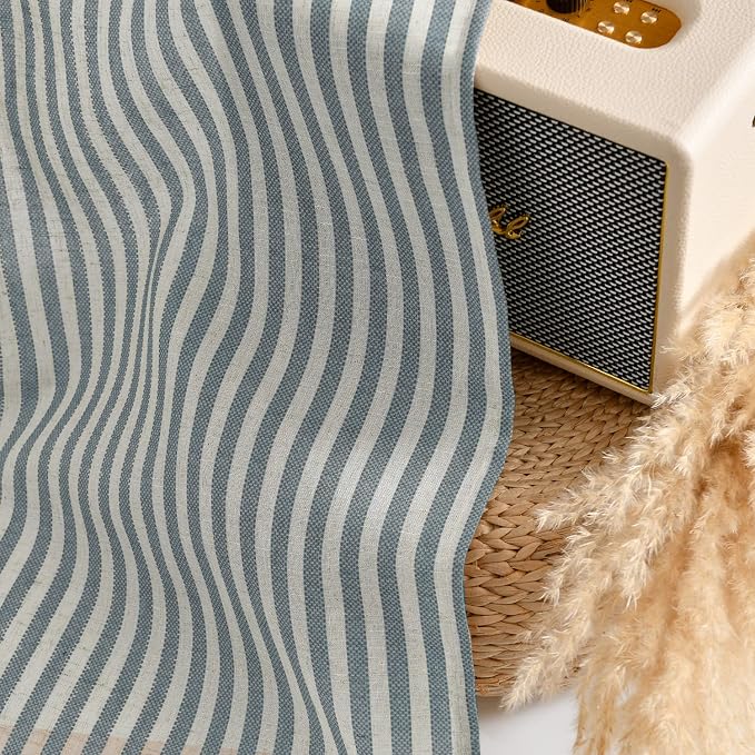 Vangao Blue Stripe Linen Tiers Curtains 36 Inch Farmhouse 2 Panels | Light Filtering, Semi Sheer, for Kitchen, Living room, Tickingstripe Drapes, Pinstripe, Window Treatments