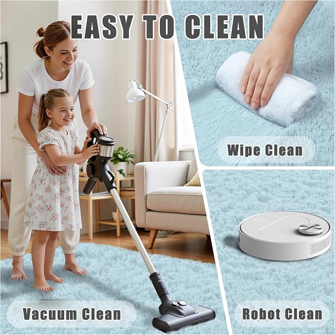 8x10 Area Rug for Living Room:Ultra Soft Fluffy Shag Teal Blue Rugs,Large Fuzzy Plush Indoor Non Slip Carpet Washable Rug for Bedroom Kids Nursery Office Dorm Modern Decor(Light Blue 8'x10')