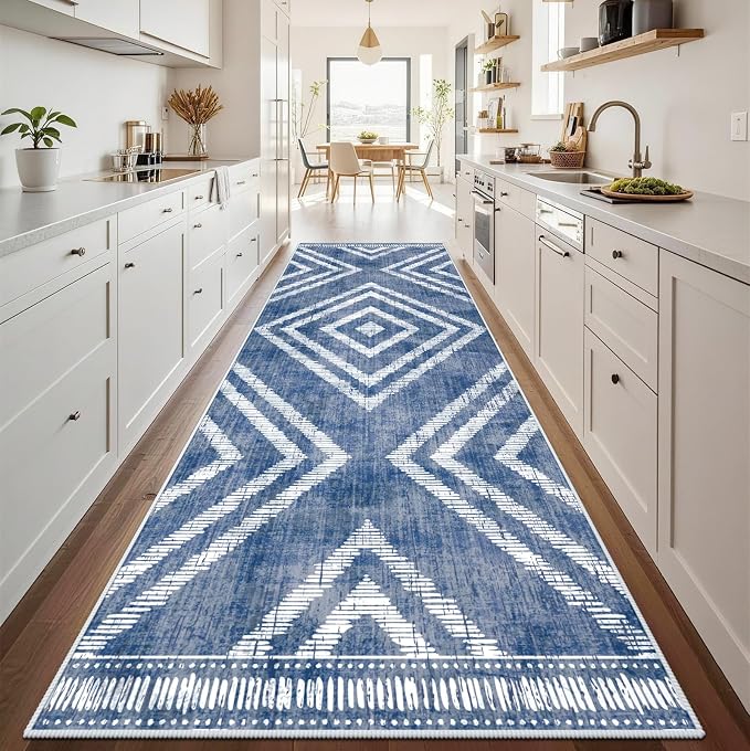 3x10Ft Boho Hallway Runner Rugs Non Slip, Blue Geometric Washable Kitchen Rug Runners, Soft Wide Modern Farmhouse Entryway Floor Carpets for Entrance Doorway Bedroom Home Decor