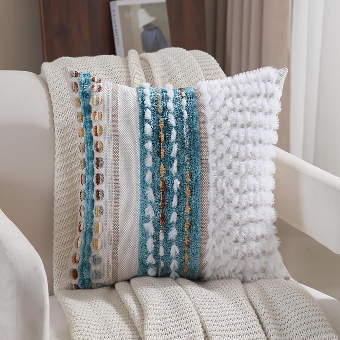 Boho Throw pillow covers 18x18 set of 2 farmhouse decorative Couch pillow covers neutral Accent throw pillows covers striped outdoor cushion covers square textured chenille pillow cases for sofa bed