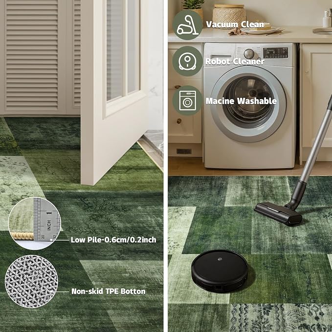 DweIke Washable Area Rugs 6x9 for Living Room, Large Modern Geometric Green Soft Patchwork Carpet, Non-Slip Stain Resistant Throw Rug for Bedroom Dining Room Office Home Decor