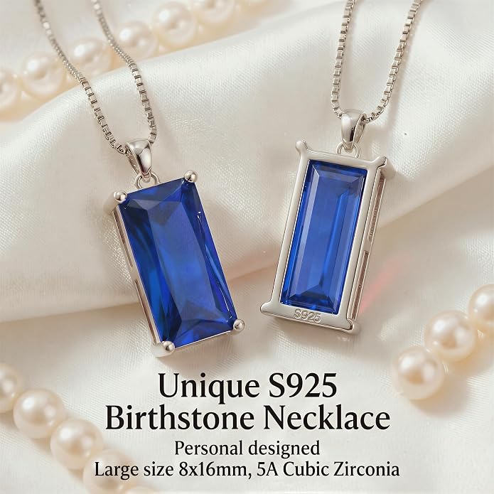 8mm x 16mm Square Birthstone Pendant Necklace – Fashion charming Sterling Silver Gift for women