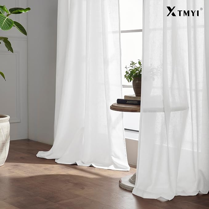 XTMYI 105 Inch White Cotton Linen Curtains 2 Panels Set Custom Length Back Tab Window Sheer Curtain Drapes for Living Room Bedroom,50x105 in Long