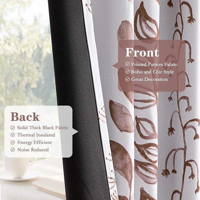 MEETSKY 95% Blackout Curtains for Bedroom, Thermal Insulated Privacy Protection Back Tab Curtains 72 Inches Length for Living Room, Brown Leaf Pattern, 2 Panels, 50" Wide Each