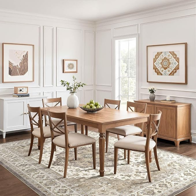 7x9 Area Rugs Living Room: Washable Boho Large Neutral Vintage Soft Rug Stain Resistant Farmhouse Non-Slip Indoor Floor Carpet for Bedroom Nursery Kids Playroom Office Dining Room Home- Brown Beige