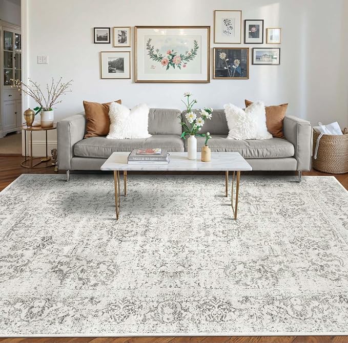Rugxara 8x10 Washable Area Rug for Living Room, Extra Large Neutral Vintage Boho Rugs for Office, Kids Room, Farmhouse, Durable Low Pile Non Slip Carpet for High Traffic Areas, Light Grey