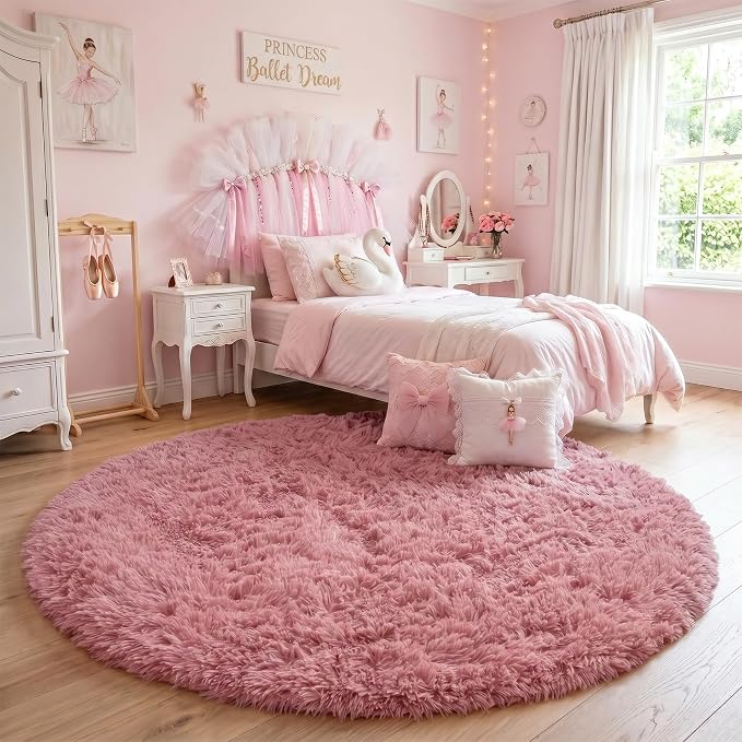 Blush Pink Fluffy Round Rug 5Ft for Bedroom, Fuzzy Plush Circle Area Rugs for Baby Kids Room Decor Aesthetic, Shaggy Circular Carpet for Teen Girls Nursery Dorm Playroom, Cute Dusty Rose Mauve Rug