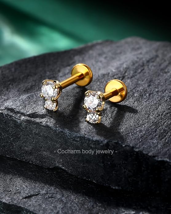 Cocharm 14K Gold Cartilage Earring 16g Real Gold Flat Back Helix Piercing Jewelry Push Pin Tragus Conch Stud for Women Men