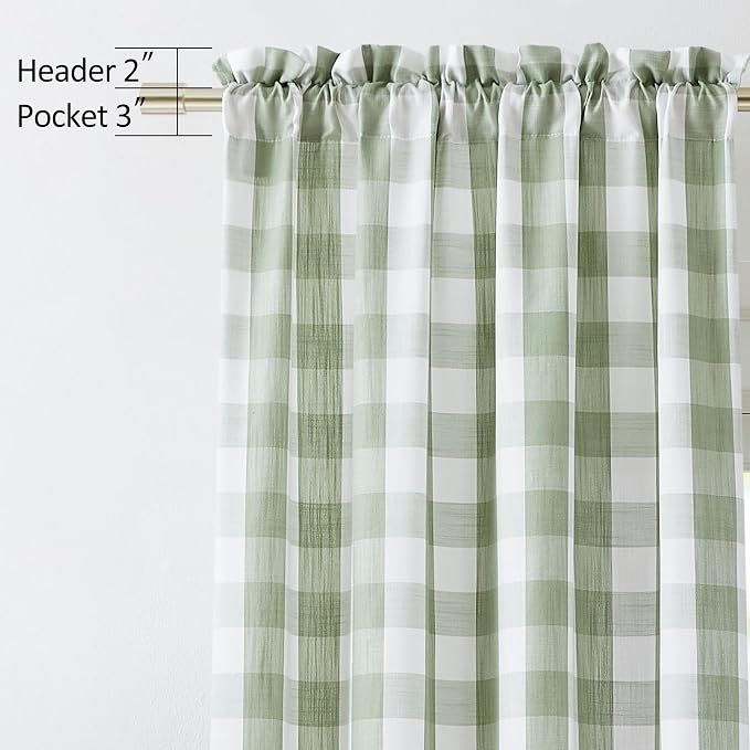 Sage Green White Plaid Semi Sheer Curtains 72 Inches Long | Nature-Inspired Living Room Window Drapes,Airy Light Filtering with a Soothing Checkered Pattern,Rod Pocket,52"Wx72"Lx2