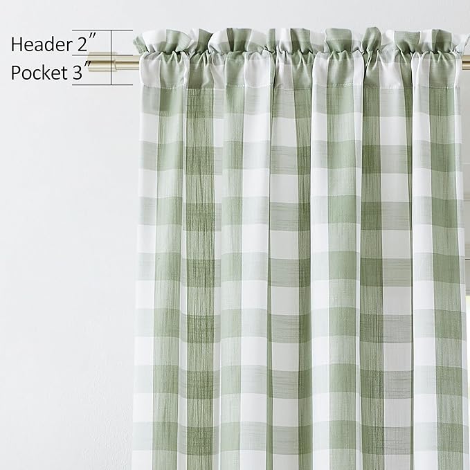Sage Green Buffalo Plaid Semi Sheer Curtain Panels 84 Inches Long | Bedroom Living Room,Rustic Gingham Geo Pattern Drapes,Farmhouse Window Treatment,Rod Pocket,52"Wx84"L(Pack of 2)