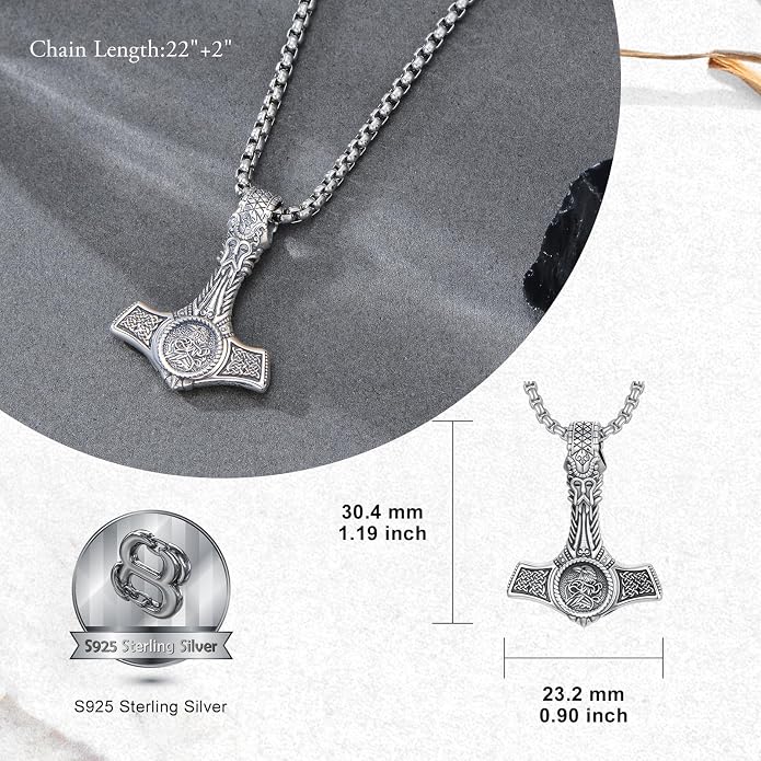 PROESS Thors Hammer Necklace Sterling Silver Celtic Knot Wolf/Lion/Raven Necklace Viking Mjolnir Pendant Jewelry for Men