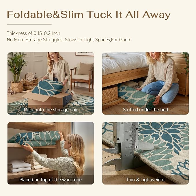 HUGEAR 3'x5' Waterproof Blue Floral Outdoor Rug Patio Linen-Look Floor Mat for Camping RV Outside Area Rug Deck Porch Balcony Backyard Picnic Beach Carpet Home Decor