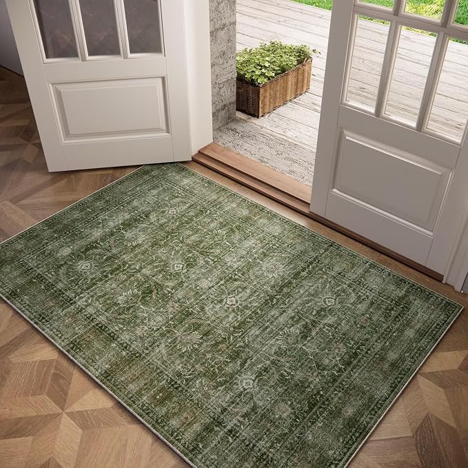 Washable 2x3 Entryway Rug, Boho Vintage Non-Slip Door Mat, Grass Green | 0.3" Neutral Throw Small Rugs for Bedroom Kitchen Nursery Entrance, Cushioned for High-traffic Area