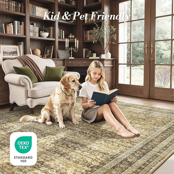 9x12 Washable Area Rugs for Living Room Bedroom, Non-Slip Large Rugs | Vintage Distressed Retro; Low Pile; Stain Resistant; Neutral Boho Carpet for Dining Room, Nursery, Home Office; Caramel Brown